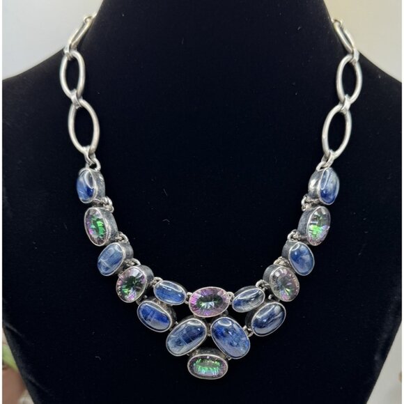 Sterling Silver Statement Labradorite Bib Necklace W/Blue Topaz By Silver Rush - Picture 1 of 10